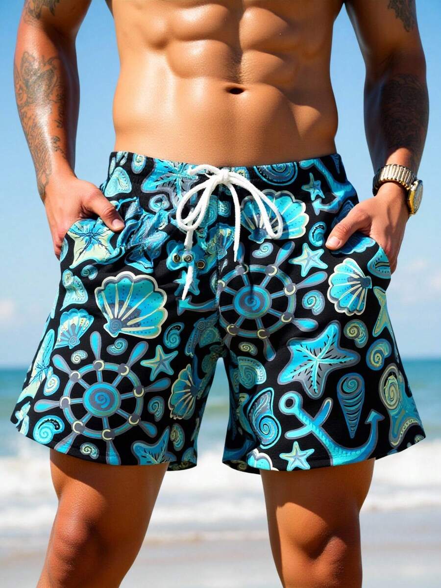 Manfinity Swimmode 男士全印花抽绳腰斜插口袋沙滩短裤 - 薄荷藍 - 查看 1