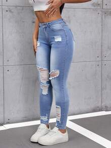 SHEIN Tall Women's Fashionable Versatile Casual Ripped Skinny Jeans - Light Wash - View 5