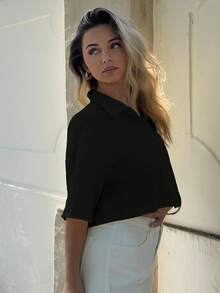 Jeta Ari 針織女士休閒短袖短款上衣 - 黑色 - 查看 4