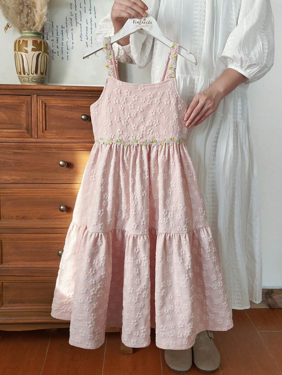 SHEIN Vintaside Kids 少女亮黄色纹理花卉吊带装饰夏季度假连衣裙