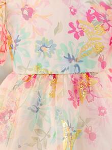 SHEIN Đầm thường ngày tay phồng bằng vải lưới họa tiết hoa nhí cho bé gái - Đỏ - Xem 10