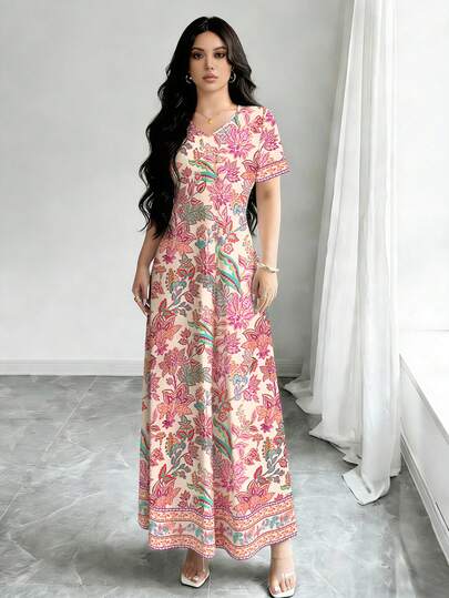 SHEIN Lacomfia Elegant klänning med blommönster och v-ringning, vår/sommar, dam