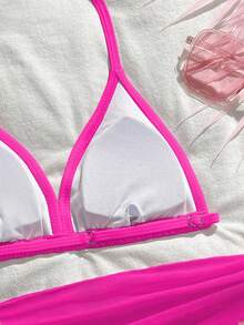 SHEIN Tween Girls Tankinis, Casual Rose Red Three Piece Swimsuit Set+Half Skirt Fashionable Casual Exquisite Gorgeous Lady Suitable For Swimming Suitable For Summer Vacation, Beach Beach Beach Swimming Pool, Summer Party Leisure Vacation. Hot Pink Bikini 3 Piece Swimsuit Set Girls Beach Sets - Hot Pink - View 4