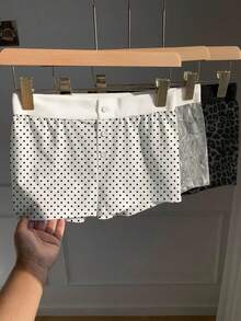 Comfortcana 3 Stücke Damen Leopard/Baum/Punktemuster Kontrast Taille Knopfverschluss Shorts - Verschiedenfarbig - Übersicht 5