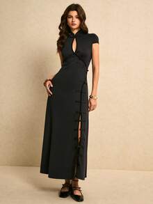 Poéselle 女士纯色高开衩连衣裙 - 黑色 - 查看 2