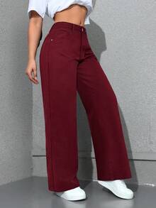 SHEIN Tall Mid-Rise Washed Women's Casual Slant Pocket Versatile Jeans - Burgundy - View 5