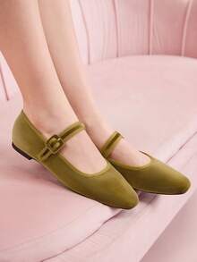 Zapatos Mary Jane Planos Azul Marino de Gamuza, Zapato Punta Redonda con Tira y Broche Decorativo para Oficina, Citas y Salidas Casual Moda Mujer - Verde - Ver 2