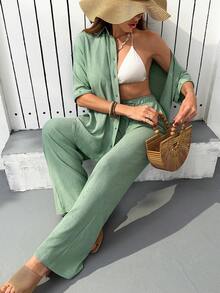 EURMUSE Green Rhinestone Embellished Button-Up Short Sleeve Top And Wide-Leg Pants Set - Green - View 1