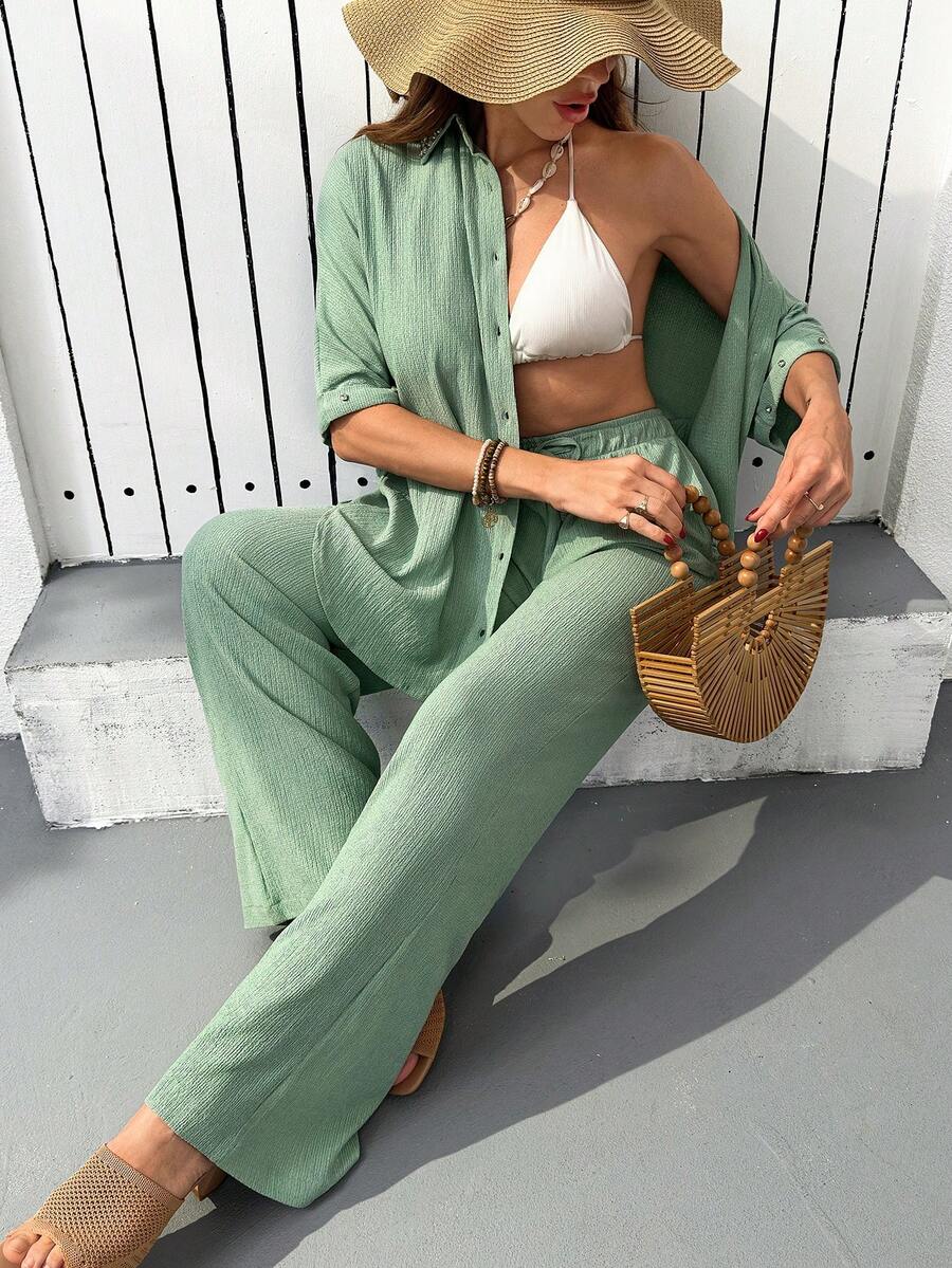 EURMUSE Green Rhinestone Embellished Button-Up Short Sleeve Top And Wide-Leg Pants Set - Green - View 1