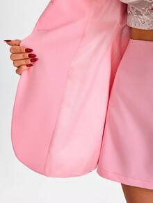 EURMUSE Chic Pink Two Pieces Suit Set – Long Sleeve Blazer, Covered Buttons, Lined Skirt With Side Zipper, Elegant & Modern Women's Outfit - Pink - View 6