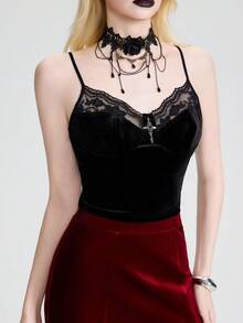 Breakform Women's Gothic Sexy Lace Trim & Metal Cross Decor Velvet Camisole, Fitted Short Crop Top - Black - View 1