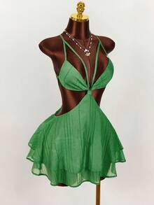 Amplova 女士纯色腰部镂空露背交叉吊带性感迷你连衣裙 - 綠色 - 查看 7