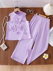 2pcs Tween Girls Casual Elegant Floral 3D Decor Vest Shirt & Pants Set - Purple - View 1