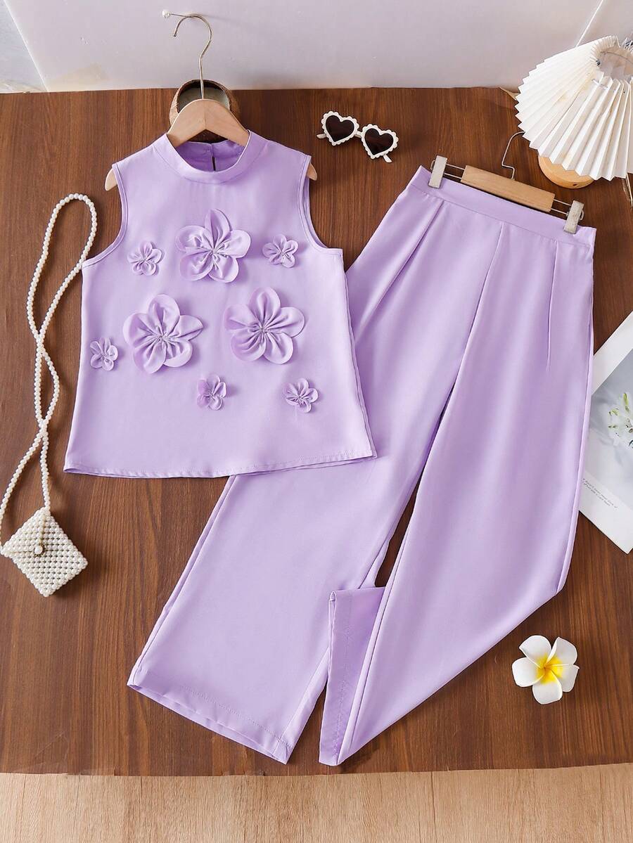 2pcs Tween Girls Casual Elegant Floral 3D Decor Vest Shirt & Pants Set - Purple - View 1