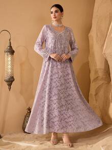 SHEIN Najma Đầm thời trang thanh lịch, sang trọng với chất liệu vải cắt xẻ, cổ áo thiết kế riêng và họa tiết hoa, dành cho nữ. - Màu tím - Xem 6