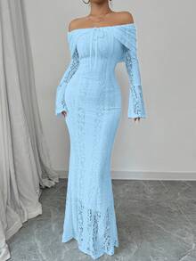 Rafferiza Vestido midi ajustado de Body con hombros descubiertos y encaje blanco para mujer - Celeste - Ver 3