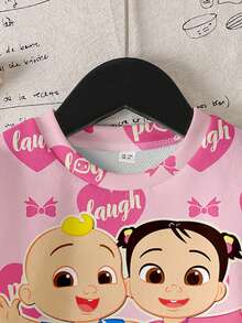 CoComelon X SHEIN Young Girl Casual Heart & Cartoon Pattern Crew Neck Sweatshirt, Autumn - White - View 3