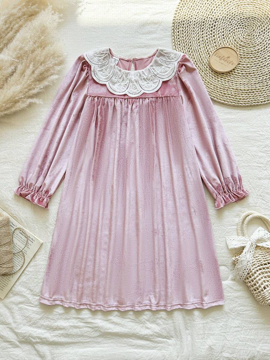 Vintaside Kids Girls' Lace Collar Long Sleeve Elegant & Simple Dress, Suitable For Parties, Travel, Vacation, Or Casual Wear - Hot Pink - View 1