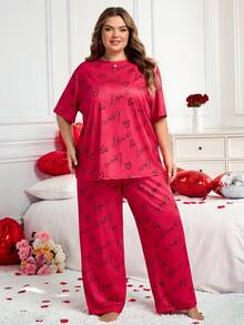 SHEIN CURVE+ Conjunto de pijama de talla grande con estampado de fresa y corazón, ropa de estar en casa casual para el Día de San Valentín - Rosa Fucsia - Ver 7