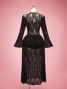 SHEIN ICON 大码女式系带喇叭袖上衣和百褶迷你裙性感两件套 - 黑色 - 查看 2