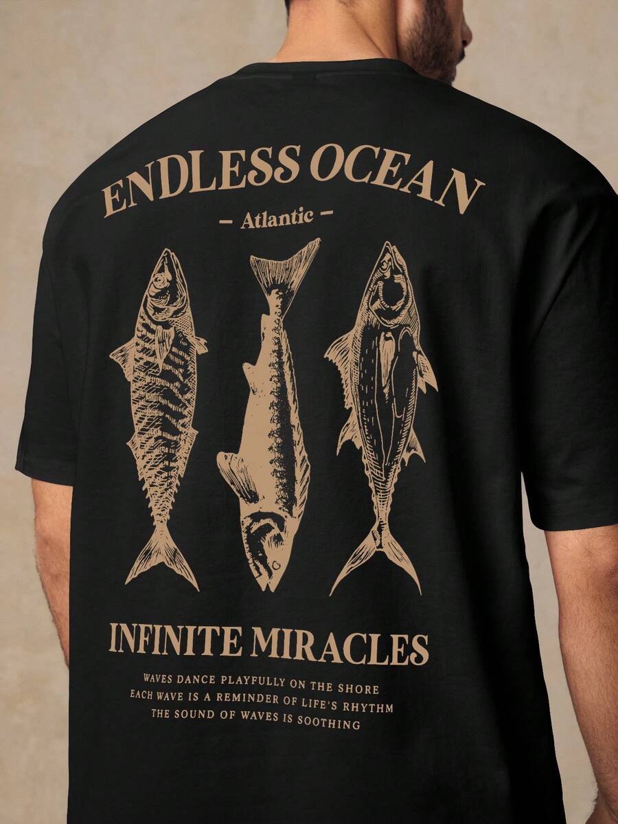 HIMLAND 男士休闲鱼图案印花宽松落肩圆领短袖T恤，适合日常穿着，海洋图案T恤，鱼图案衬衫，男士图案T恤，男士黑色钓鱼T恤，男士图案T恤