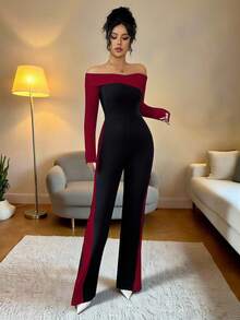 Elenzga Bộ jumpsuit nữ thanh lịch, thời trang, phối màu tương phản, trễ vai, tay dài. - Màu Đỏ Sâu - Xem 4