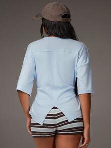 Athîral Áo thun nữ màu xanh dương kiểu dáng thường ngày, chất liệu vải dệt kim mềm mại, thoải mái, co giãn, dáng ôm sát, thích hợp cho kỳ nghỉ, du lịch, áo mặc thường ngày cho nữ, áo đi chơi, đi biển, mùa xuân, mùa hè. - Màu xanh nhạt - Xem 5