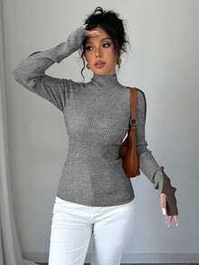 SHEIN LUNE Women's Casual Contrast Color Ribbed Knit Turtleneck Minimalist Sweater, Autumn/Winter - Grey - View 3