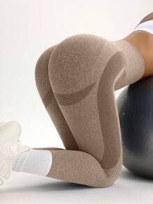 SHEIN Core Rhythm 女士高腰无缝紧身裤 - 收腹提臀，适合跑步、骑行、瑜伽、匹克球等运动休闲穿着 - 卡其色 - 查看 8