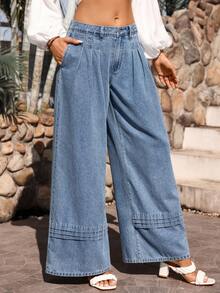Breezaya Women's Casual Vacation & Commute Solid Color Pleated Loose Wide-Leg Jeans - Light Wash - View 3