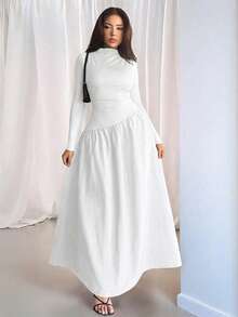 Firerie 女士优雅纯黑色提花针织拼接修身长款连衣裙，适合春、秋、冬三季穿着，高领长袖中长连衣裙，适合通勤/度假/海滩/浪漫约会/情人节/音乐会/演出/婚礼/返校/教师节/下午茶聚会等场合。 - 白色 - 查看 1