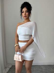 Selianne Sexy Sheer Mesh Splice Outfit, Summer Ruched Waist Bodycon Mini Skirt & Bandeau Crop Top 2 Pieces Set - White - View 7