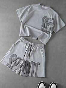 PAVTROS Áo thun nam cổ tròn tay ngắn in chữ kèm quần short cạp rút, trang phục thường ngày - Xám - Xem 1