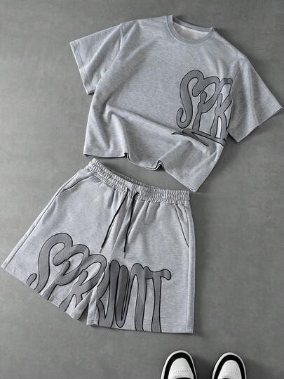 PAVTROS Men's Letter Print Round Neck Short Sleeve T-Shirt And Drawstring Waist Shorts Casual Outfit