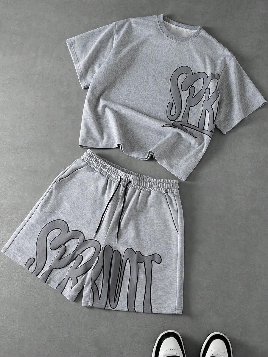 PAVTROS Áo thun nam cổ tròn tay ngắn in chữ kèm quần short cạp rút, trang phục thường ngày - Xám - Xem 1