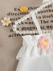 Elladie kids 两件套女童夏季韩版针织罗纹粉色不规则五瓣花上衣搭配粉白条纹珍珠纽扣短裤，休闲时尚日常度假装 - 彩色 - 查看 8