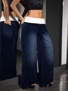 Jeanoix Große Größen Jeans mit kontrastierendem Bund, lässig und vielseitig mit weitem Bein - Dunkle Waschung - Übersicht 5