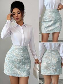 Elenzga Light Blue High-Waisted A-Line Jacquard Skirt,Summer Elegent Tea Party Fashionable Minimalist Design For Daily Commute,Fall,Halloween,Back To School - Blue - View 1