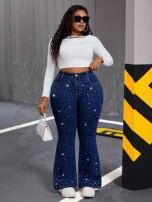 Slaydiva Quần jean cỡ lớn, quần jean cạp cao, quần jean ống loe bó, quần jean ống loe denim đính đá, quần jean xanh hoàng gia, thời trang đường phố, trang phục hẹn hò, trang phục dự tiệc và lễ hội âm nhạc, Y2K - Rửa tối - Xem 4