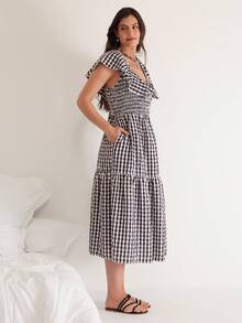 Freevana Đầm dáng chữ A dài, dáng suông, họa tiết kẻ caro đen kiểu Bohemian cổ điển, cỡ lớn, cổ vuông, eo thắt, có túi, xếp lớp, kiểu dáng đồng quê, đa năng, thích hợp cho mùa xuân, giúp tôn dáng. - màu đen - Xem 3