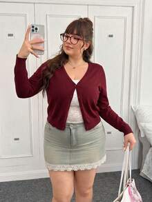CovetEZ Cárdigan con cuello en V y botones, color vino tinto, talla grande, otoño/invierno - Burdeos - Ver 5
