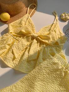 两件套黄色格子休闲度假吊带背心和短裤套装 - 黃色 - 查看 4