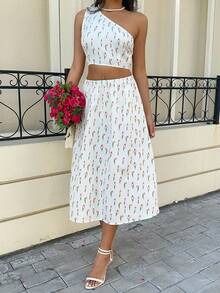 MainGRL Women's 2 Pieces Set White Floral Summer Cottage Core Tea Party Holiday One Shoulder Strap Crop Top And Flowing Midi Skirt Valentine's Day - Multicolor - View 6