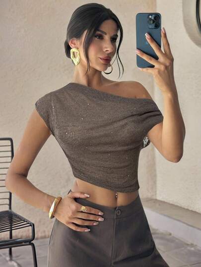 Firerie Women's Elegant Romantic Date Vacation Casual Commute Versatile Khaki Sequin Jacquard Texture Asymmetric Collar Fitted Blouse, Summer Outfit