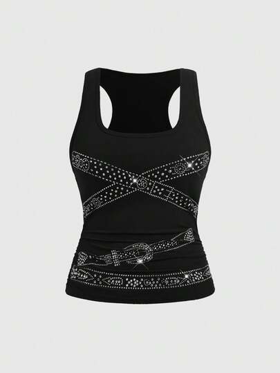 Grunge Punk Große Größen Damen Punk Grapefruit Strass Dekor Trägerhemd, dehnbar