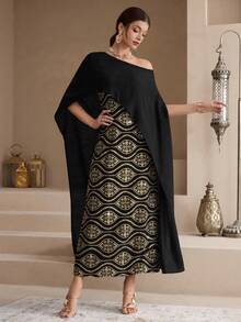 Al Najma Women's Vintage Elegant Asymmetrical Shoulder Arabic Style Dress - Black - View 3