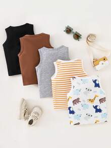 SHEIN Playful Pals 3pcs/Pack Infant Boys' Basic Striped, Solid Color, Round Neck Sleeveless Tops, Summer - Multicolor - View 2