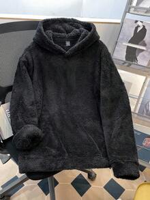 Manfinity Joysei Hoodie Fleece Bordir Huruf Dua Sisi Ukuran Standar Pria, Cocok untuk Musim Gugur/Dingin, Sekolah, dan Rumah - Hitam - View 2