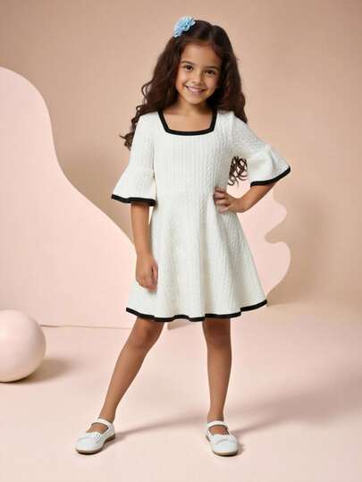 SHEIN Young Girl Casual Comfortable Bell Sleeve Crew Neck Knit Dress