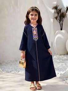 SHEIN Young Girl Loose Casual Hooded Pullover Ribbon Decor Contrast Trim Dress - Blue - View 3
